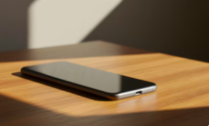 A smartphone lies on a wooden table with a blurred background.
