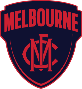 Melbourne Football Club logo with red and navy blue colors, featuring the club name and emblem.