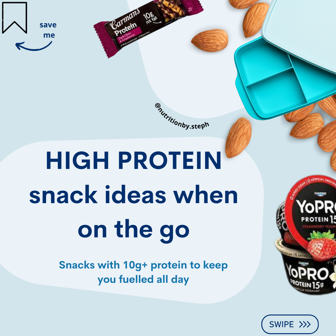 Flat lay of high-protein snack ideas including a protein bar, almonds, and yogurt with a message about high-protein snacks on the go.