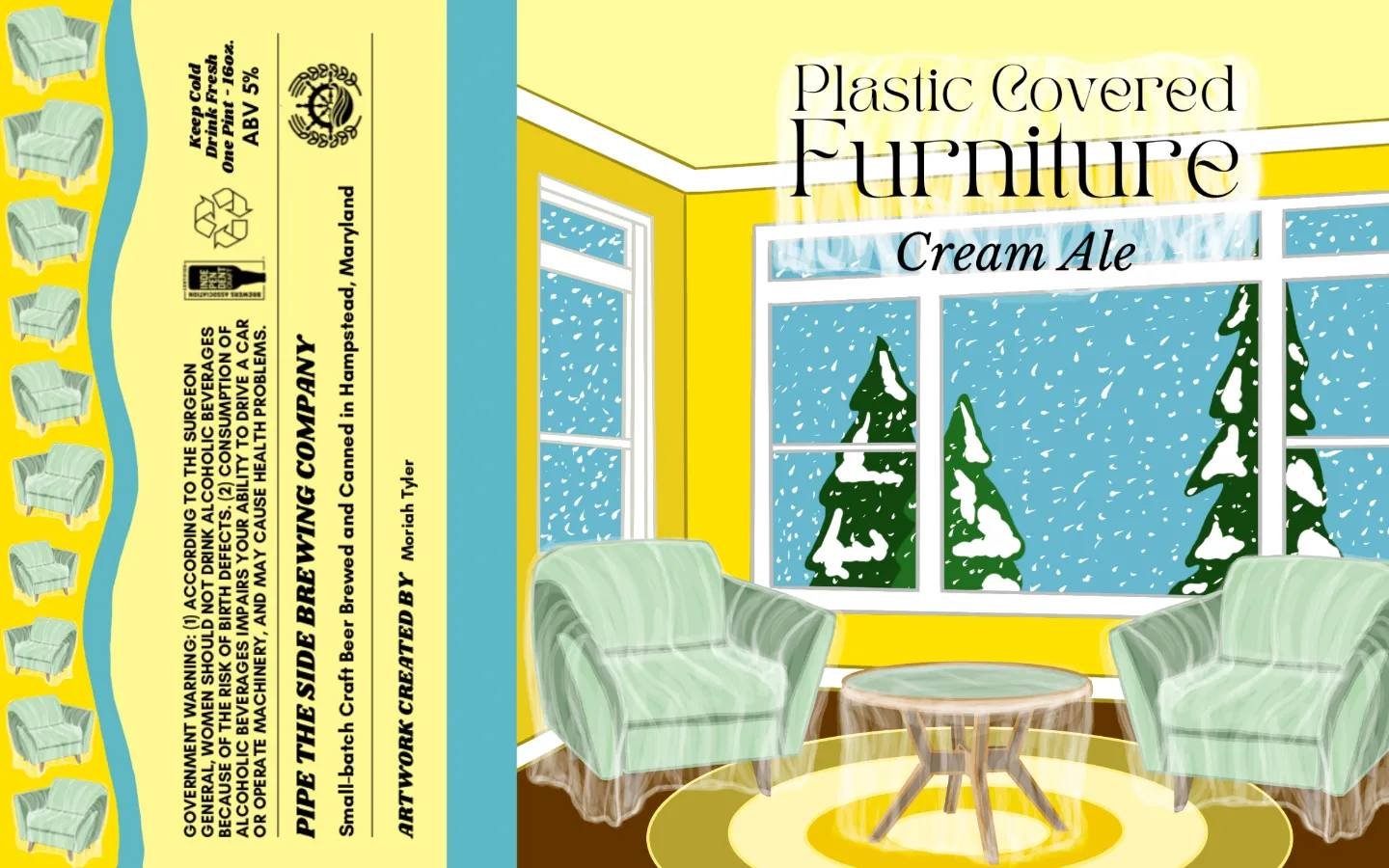 A cozy living room scene with two light green armchairs and a round wooden coffee table on a yellow rug. There is a large window behind them showing a snowy winter outdoor scene with tall pine trees covered in snow. The walls are painted yellow.