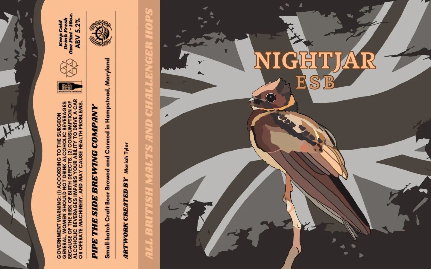 A bird perched on a branch with dark foliage in the background. The label says Nightjar ESB and includes branding and warning information for brewed cider.