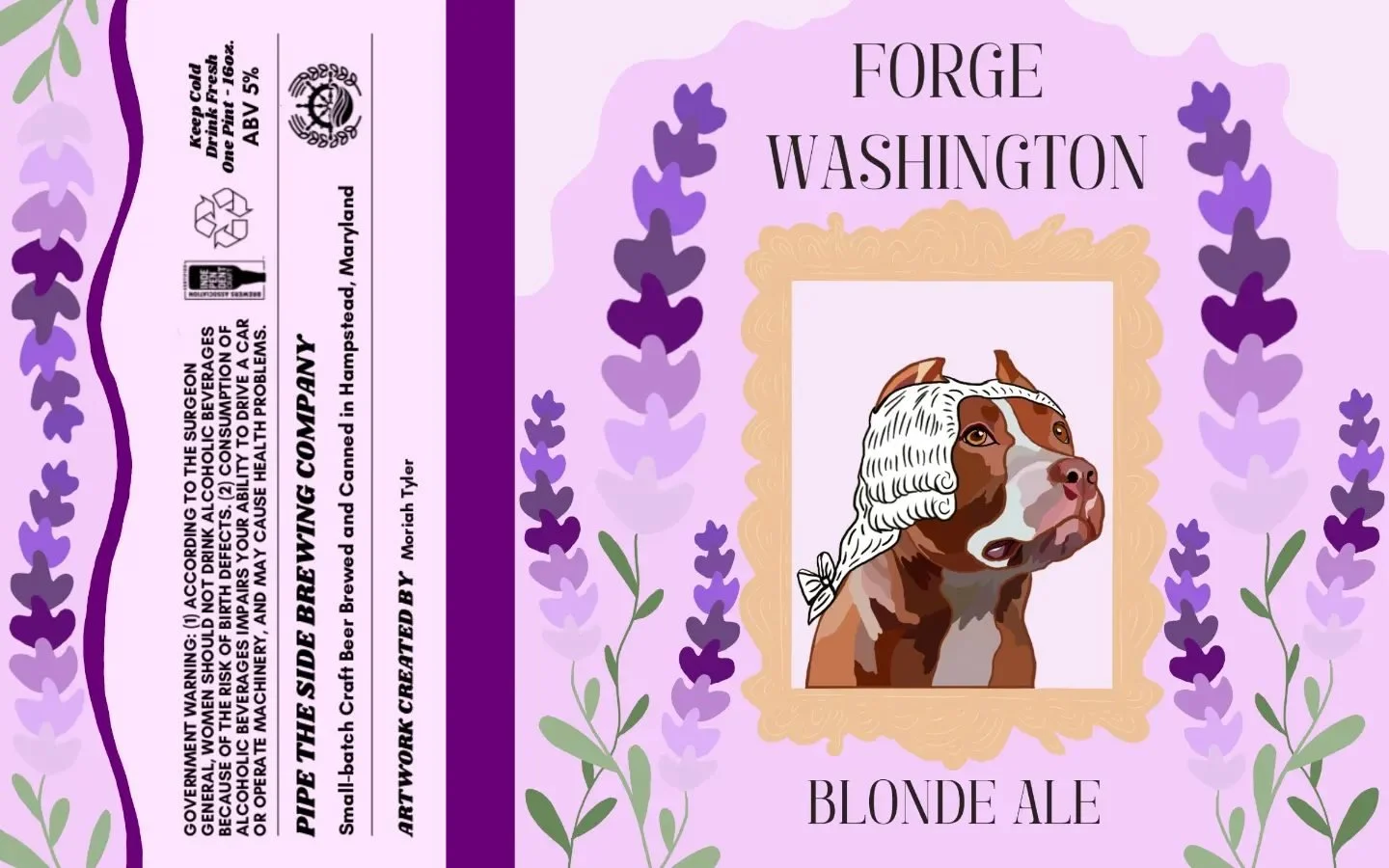 A label for 'Forge Washington Blonde Ale' featuring an illustration of a dog with a blonde hairstyle, surrounded by purple floral patterns and text describing the beer and brewing details.