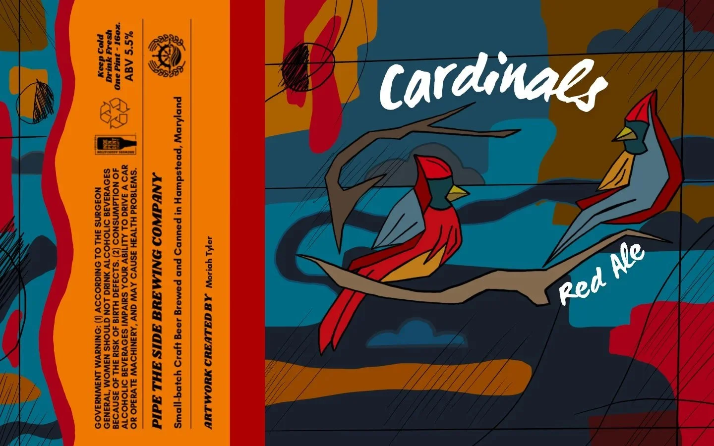 Illustration of two cardinals perched on branches near a body of water with trees in the background, labeled as 'Red Ale' and 'Cardinales'.