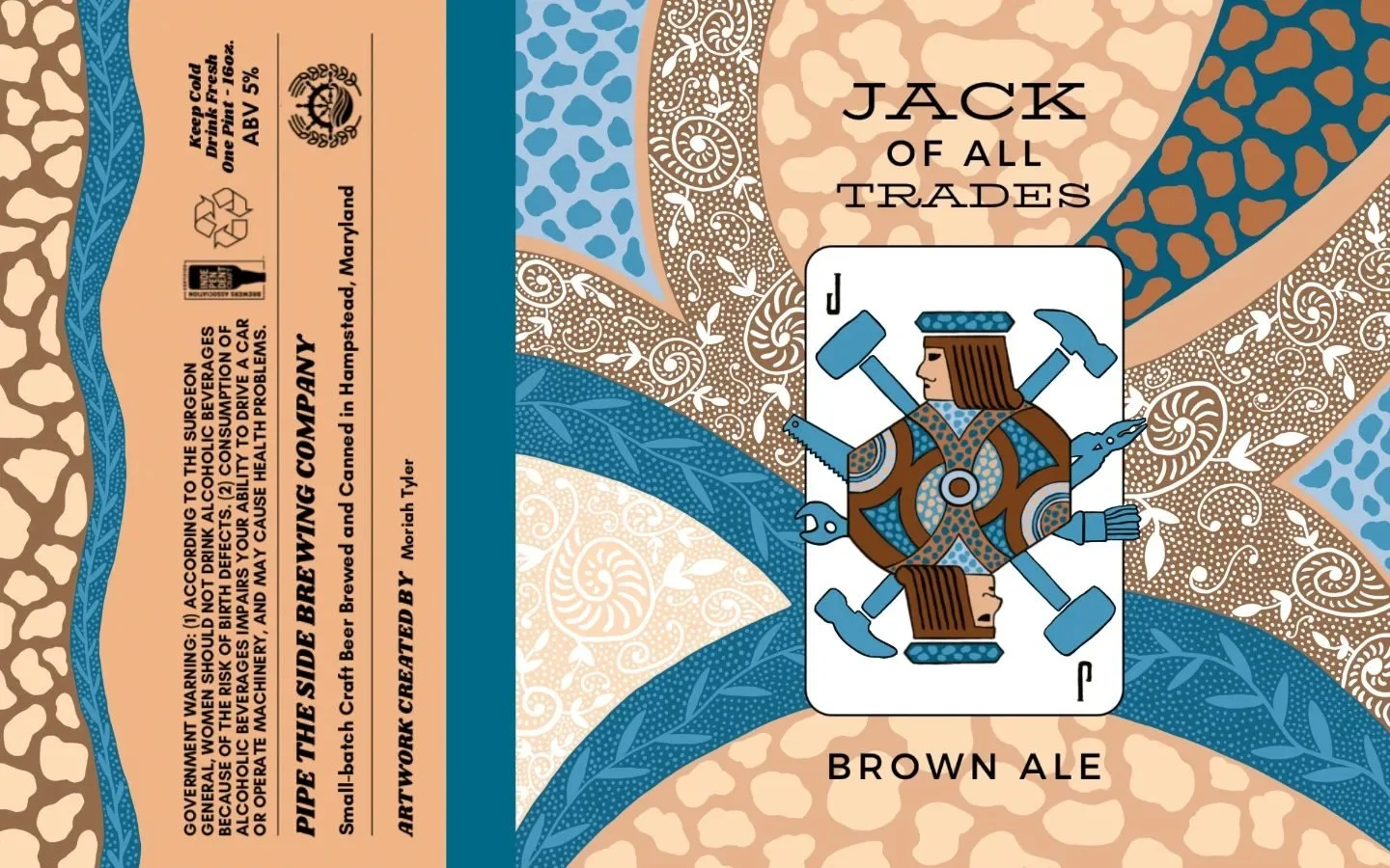 A beer label for Jack of All Trades Brown Ale featuring stylized illustrations of a royal flush playing card with a king holding a hammer and a sword, and decorative patterns in blue, brown, and beige.