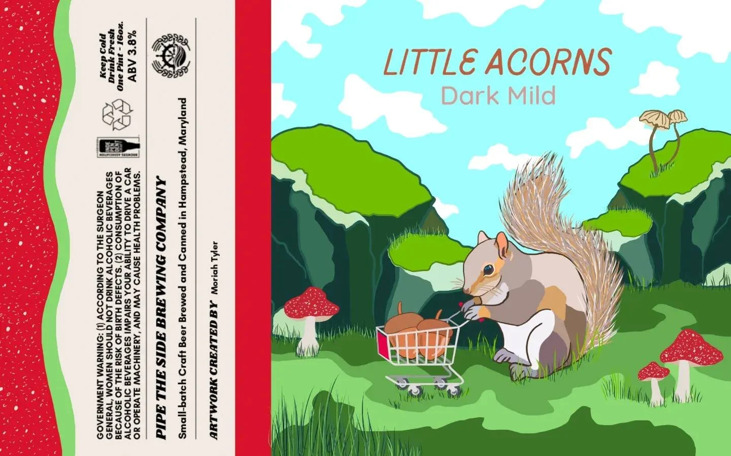 A cartoon illustration of a squirrel with a bushy tail eating mushrooms in a green, hilly landscape with a cloudy blue sky. The squirrel has a small shopping cart filled with mushrooms nearby. Mushrooms scattered on the ground, with some larger red-c