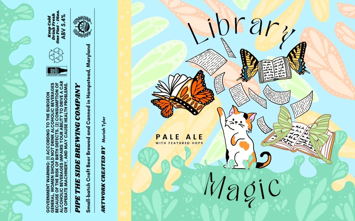 Colorful illustration of a library theme with a cat, butterflies, and floating pages and books, featuring the words 'Library Magic' and 'Pale Ale with Featured Hops' on a decorative background.