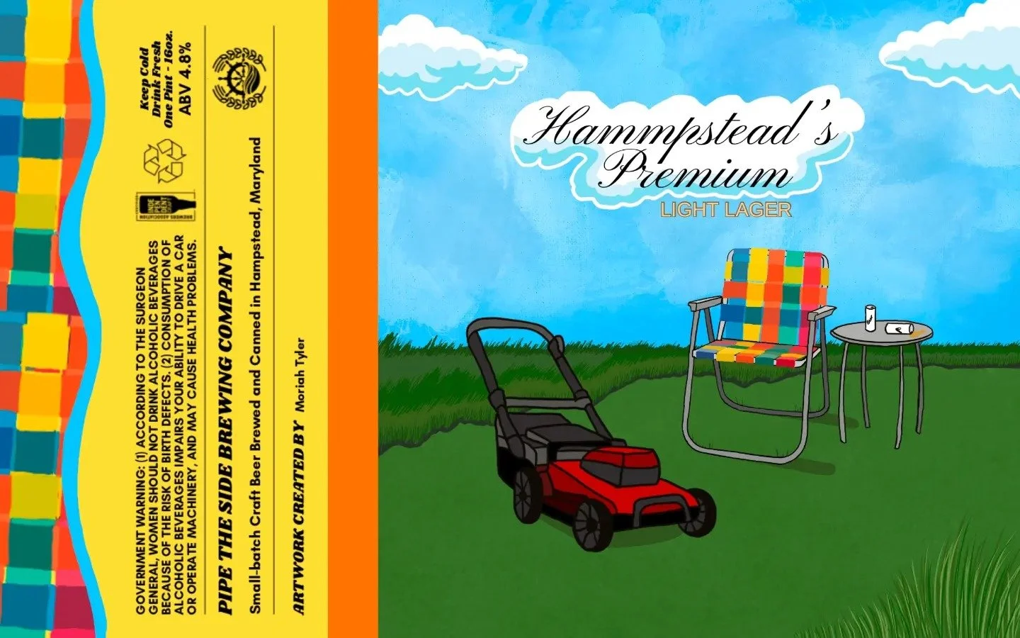 Illustration of an outdoor scene with a colorful lawn chair, a small table with beer cans, and a red lawn mower on green grass under a blue sky with white clouds. The text says "Hampstead's Premium Light Lager."