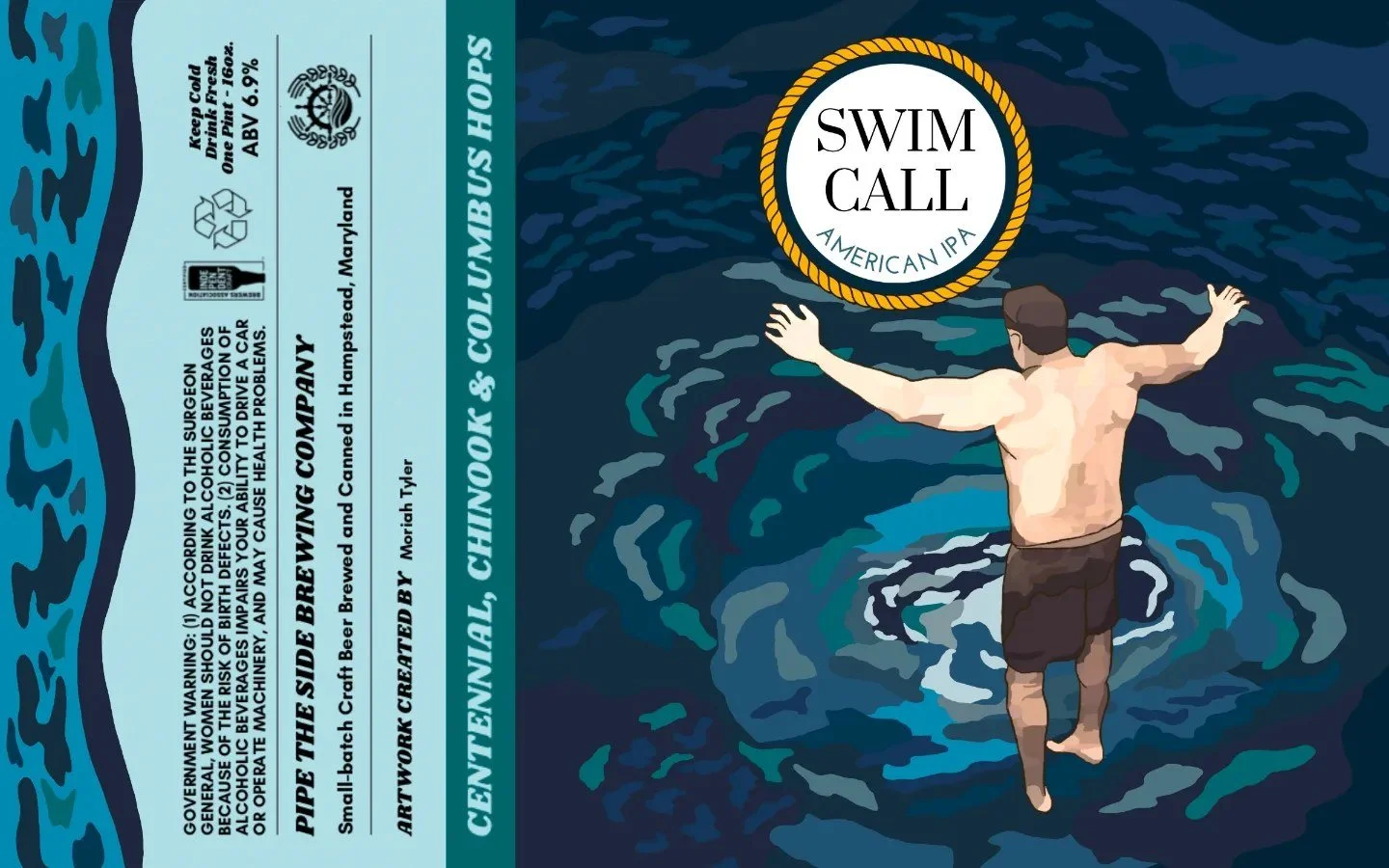 Illustration of a man in swim trunks walking into a body of water with ripples, carrying a circular sign that says "Swim Call American IPA." The image also includes a beer label with various text and graphics on the left side.