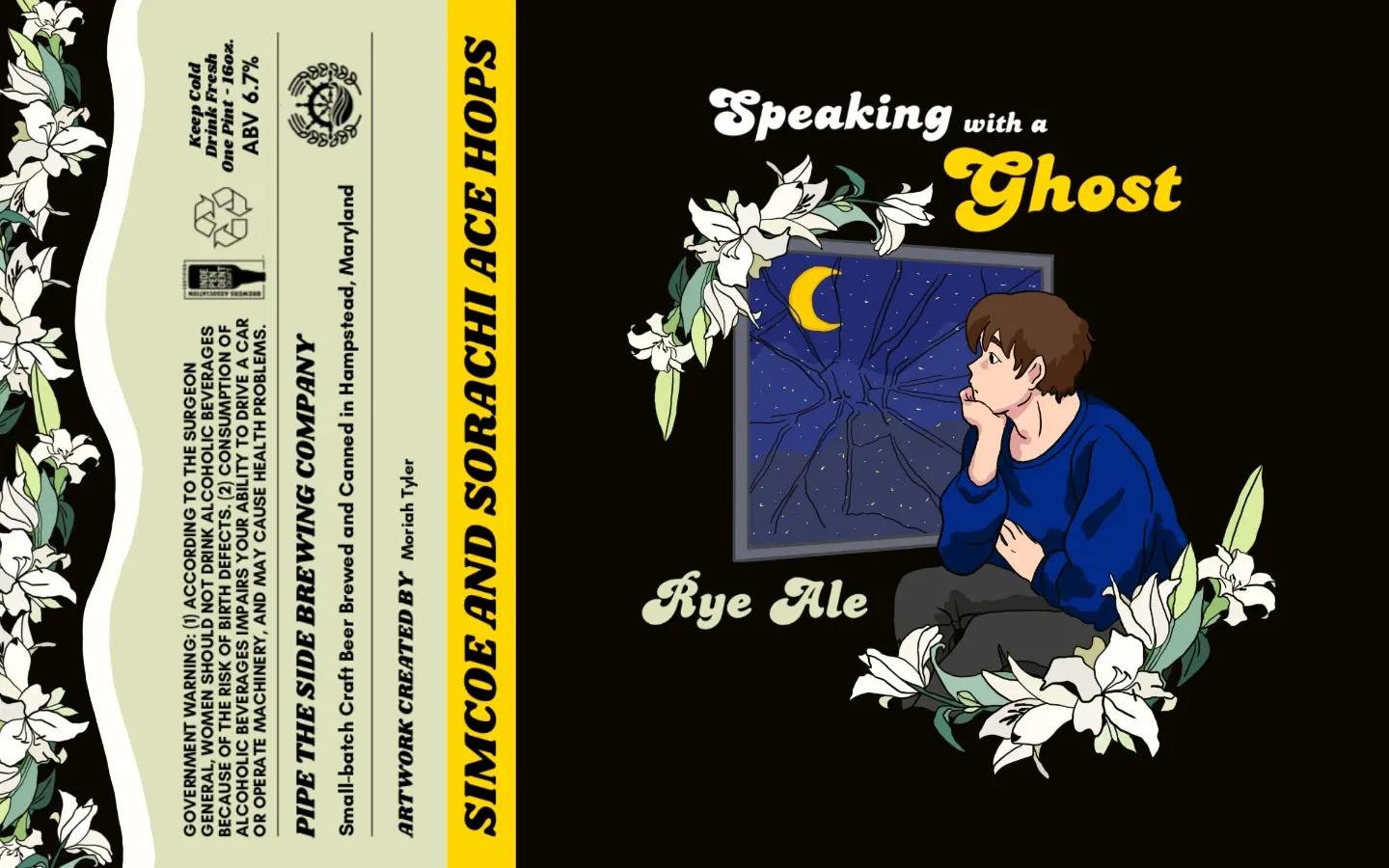 A beer label featuring a person sitting with their hand on their chin, looking at a window showing a starry night sky with a cracked glass effect. The label is for 'Speaking with a Ghost Rye Ale' by Sumcode and SoraChace Hops, with floral decorative 