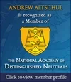 A badge or card displaying 'Andrew Altschul, recognized as a Member of the National Academy of Distinguished Neutrals' with a clickable link to the member profile.