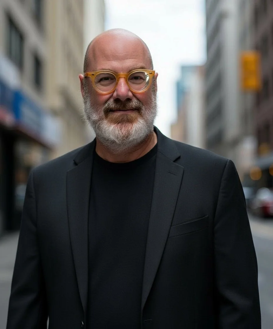 A middle-aged man with a bald head and a gray beard, wearing yellow glasses and a black blazer, standing on a city street with blurred buildings and cars in the background.