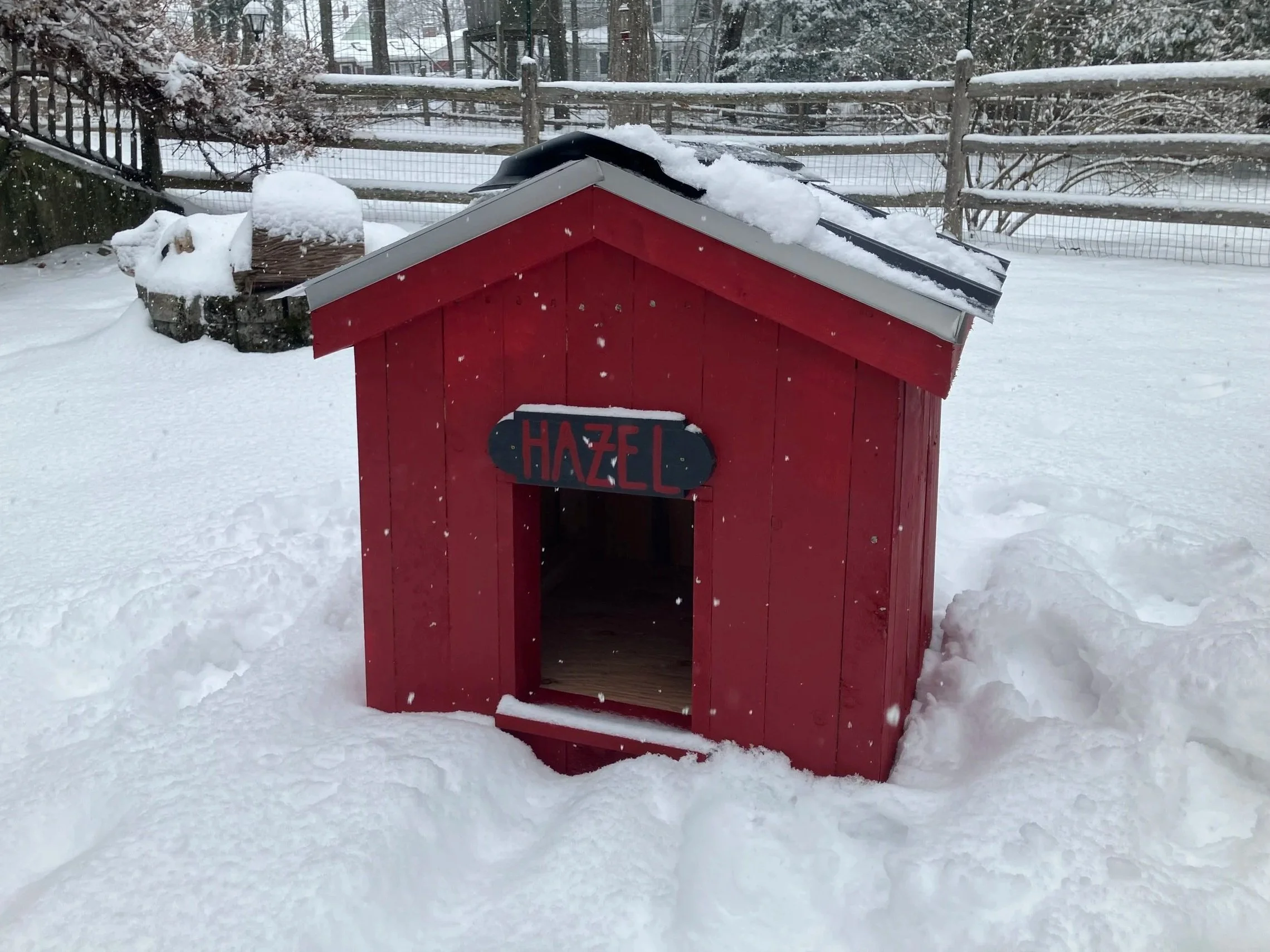 Red dog house with the name "Hazel" on a sign above the entrance, surrounded by snow in a backyard with a wooden fence and snow-covered objects in the background.
