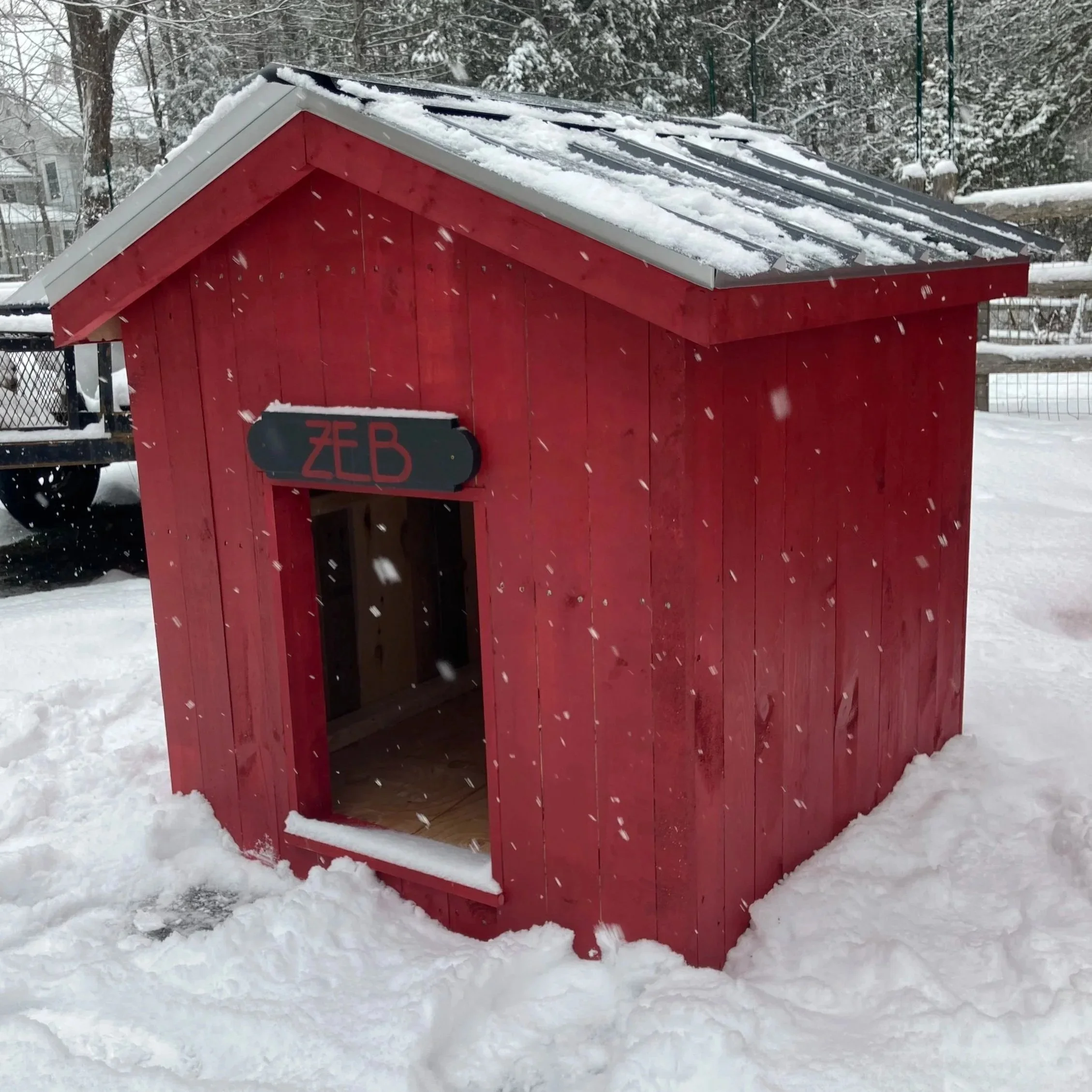 A small red wooden doghouse with a snow-covered roof and an open doorway, located outdoors in a snowy yard. The sign above the door reads 'ZEB'.