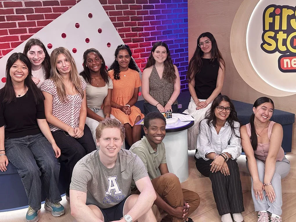 Students gathered in First Stop news studio