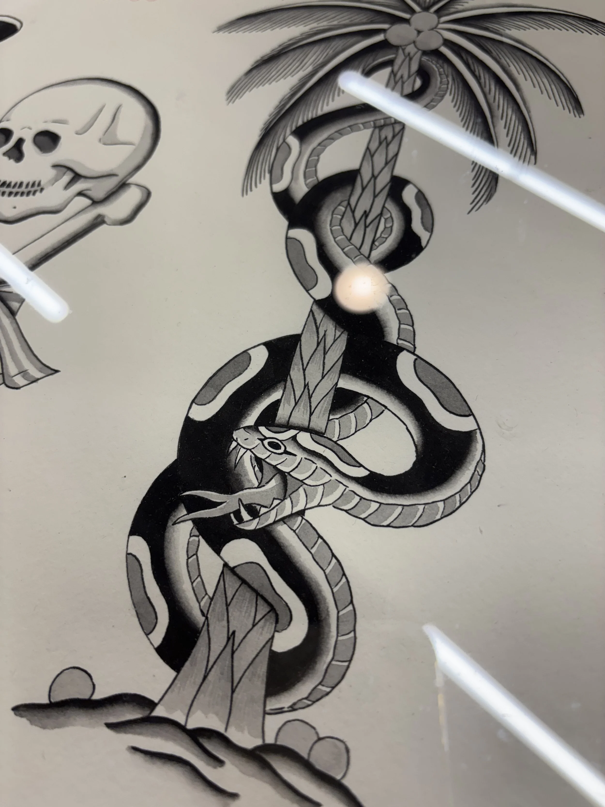Black and white tattoo design of a snake entwined around a palm tree with a skull in the top left corner.