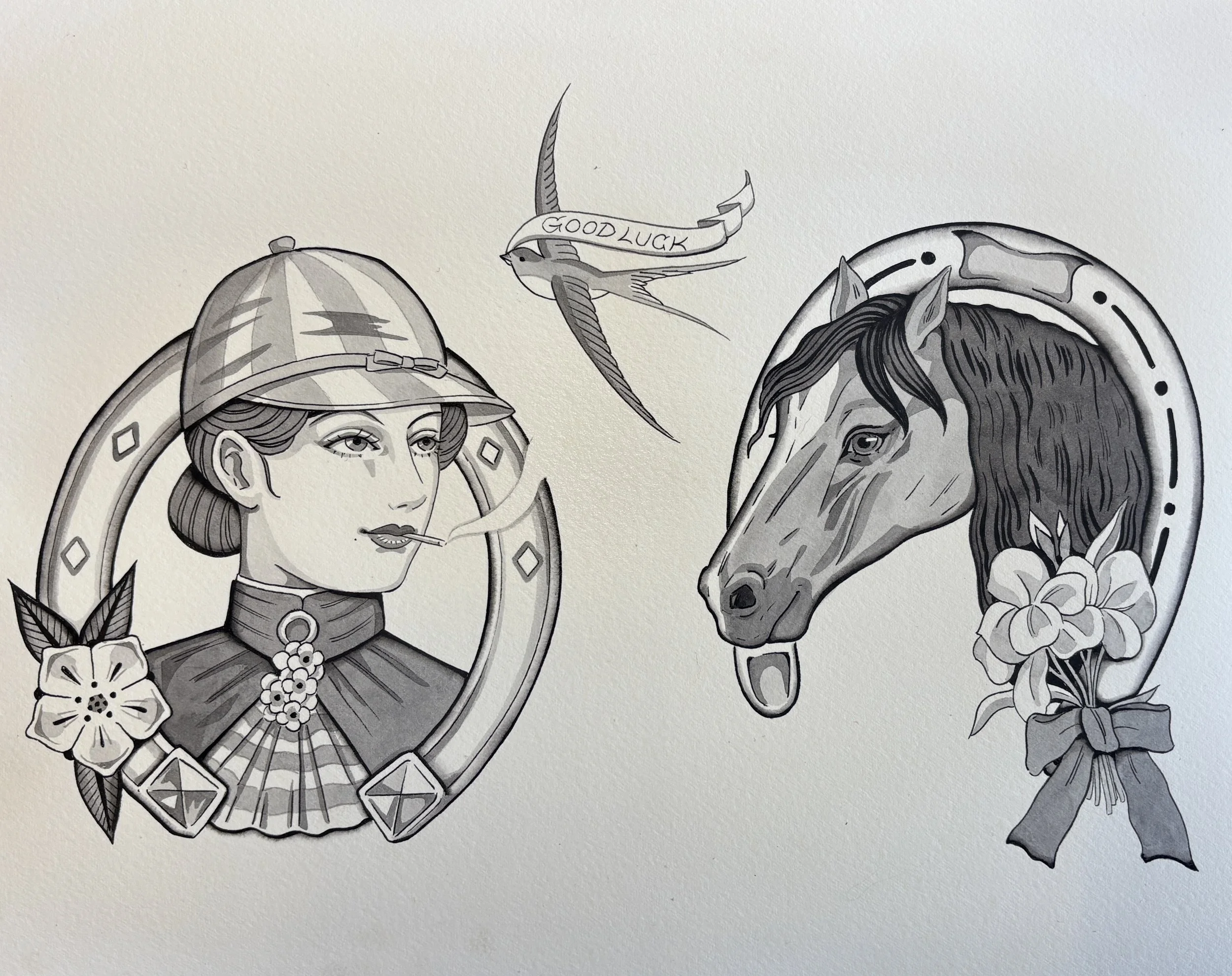 A black and white tattoo-style artwork of a woman with an old-fashioned hat and cigarette, a horse's head with floral decoration, and a bird flying with a banner reading 'Good Luck' in the background.