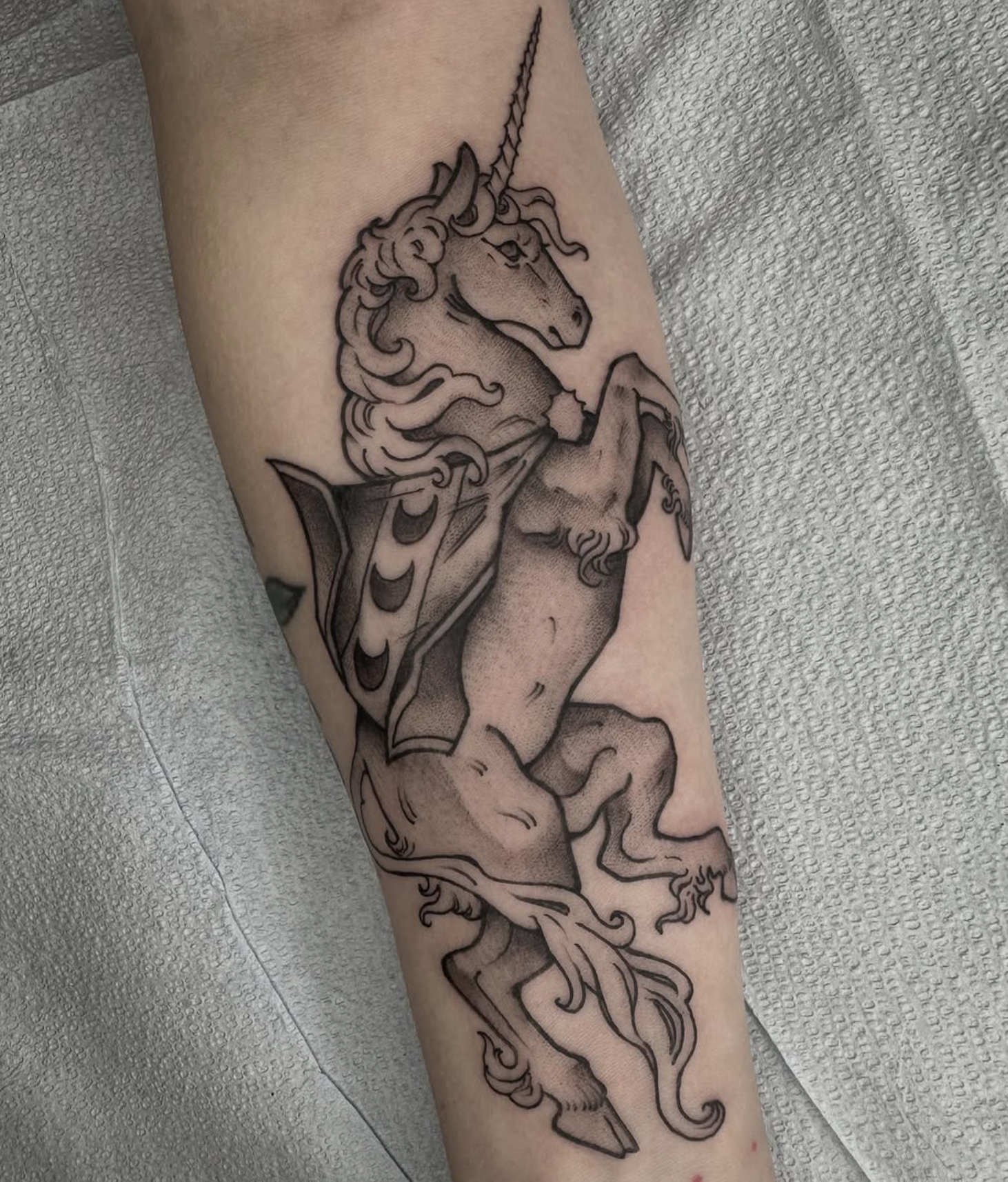 Tattoo of a unicorn with a shield and a flowing mane on person's arm.