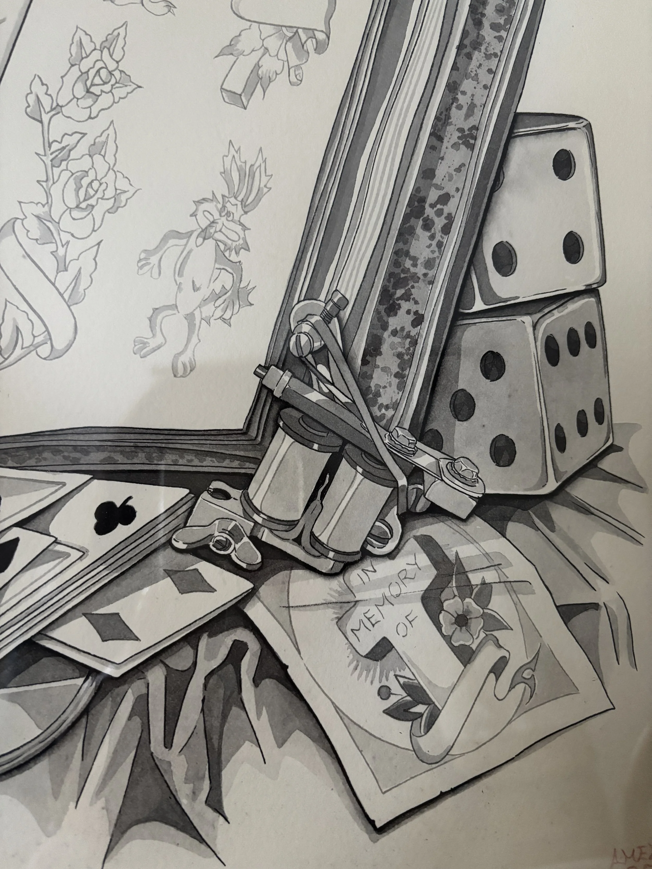 A drawing of a tabletop scene with a stack of playing cards, a pair of dice, and a mechanical hinge. In the background is a decorated window with illustrations of flowers, a lion, and a banner reading "Memory of."