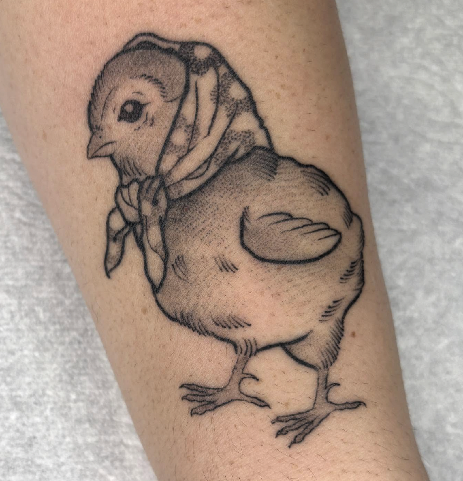 A tattoo of a bird wearing a bandana on its head, with the body of a duck.