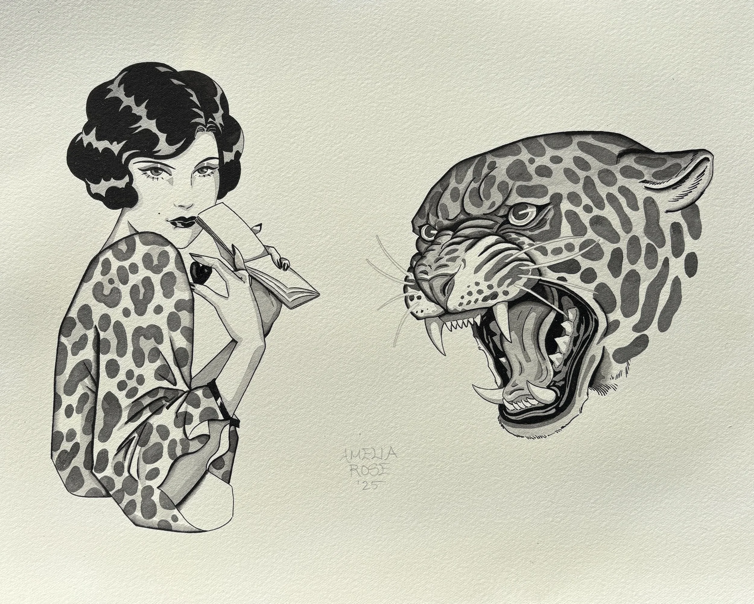 Illustration of a woman with short curly hair and leopard print clothing, holding a cigarette, facing a roaring big cat, possibly a jaguar or leopard.