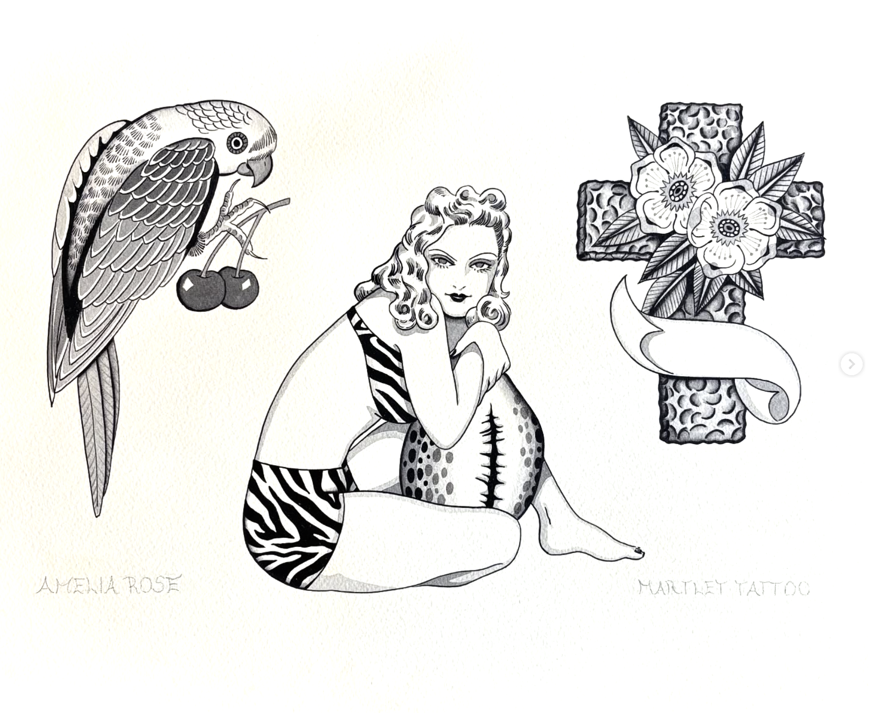 Black and white drawing featuring a parrot holding cherries, a woman sitting with her knees drawn to her chest, and a decorative cross with flowers.
