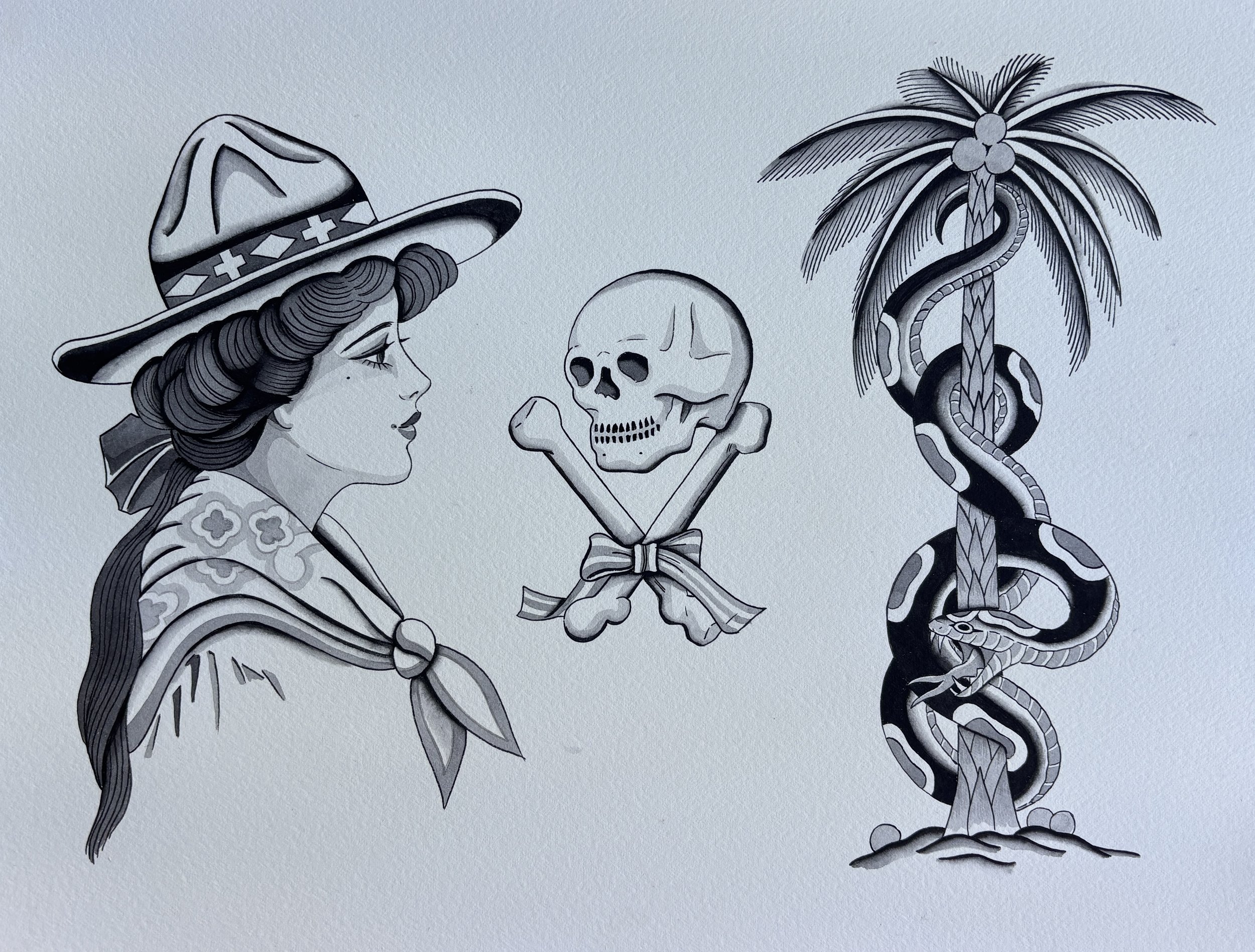 A black and white illustration of a woman in a cowboy hat and bandana, a skull with crossbones and bow, and a palm tree with a snake wrapped around it