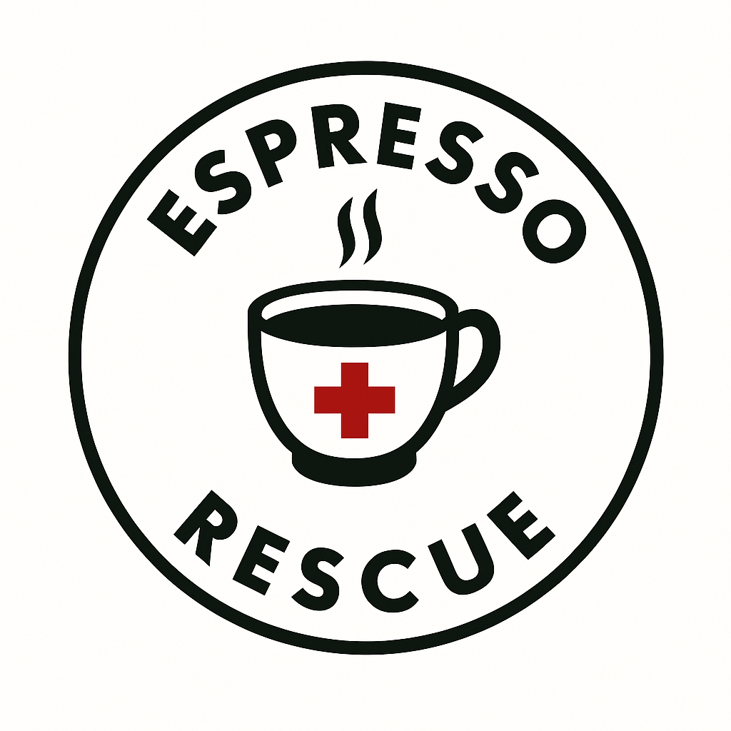 A circular logo with the word 'ESPRESSO' at the top and 'RESCUE' at the bottom. In the center, there is a steaming cup of coffee with a red cross on it, symbolizing medical or rescue aid.