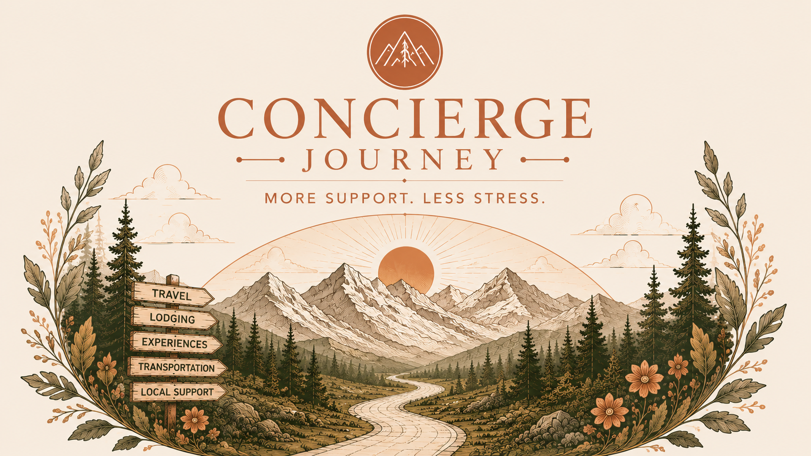 An illustrated outdoor mountain landscape with a winding path, evergreen trees, and a sunrise. A signpost points to travel, lodging, experiences, transportation, and local support. The text reads 'Concierge Journey' and 'More Support. Less Stress.'
