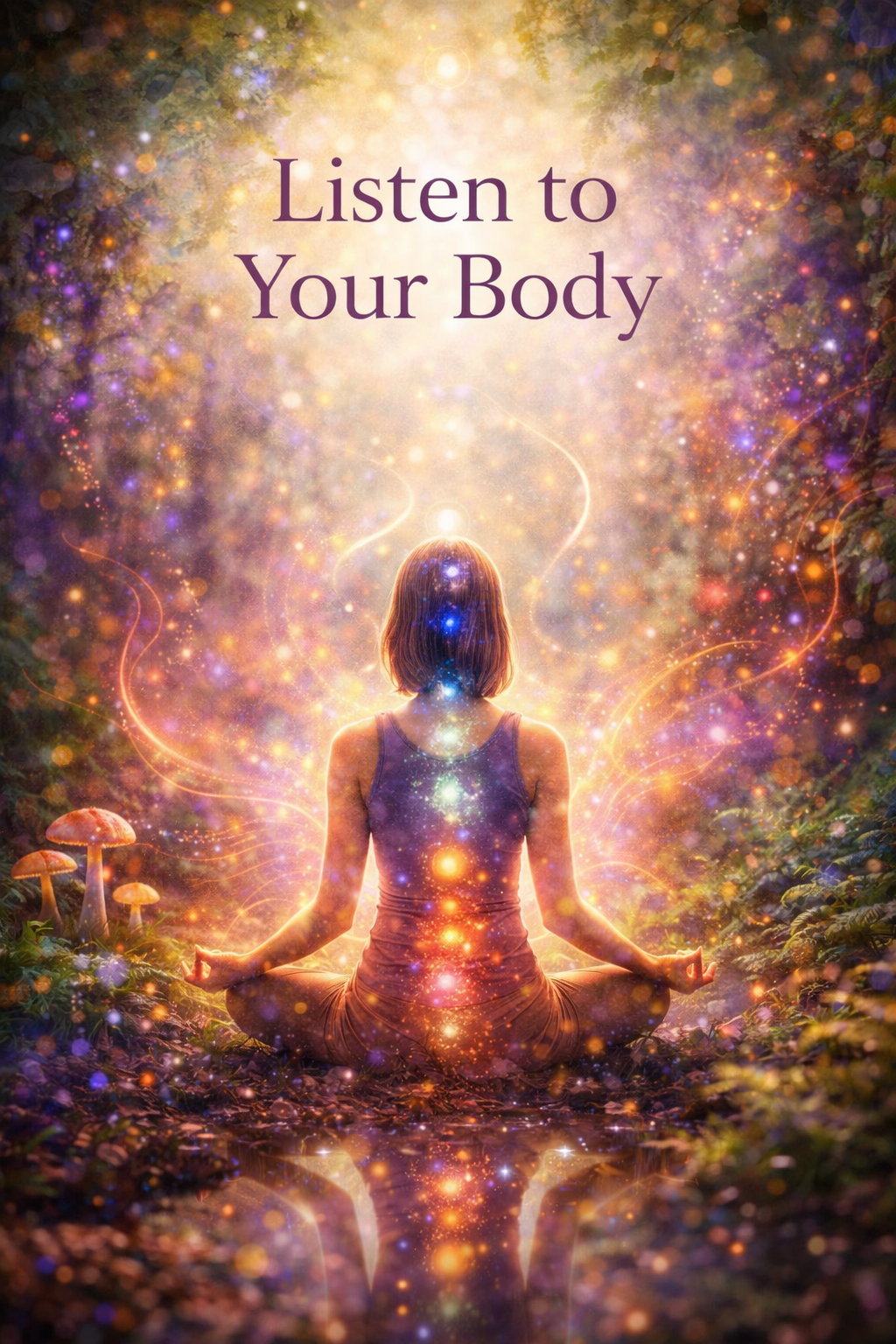A woman meditating in a forest, surrounded by glowing, colorful lights and sparkles, with the text 'Listen to Your Body' in the upper part of the image.
