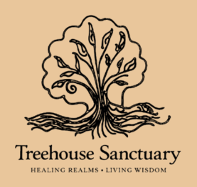 Logo of Treehouse Sanctuary featuring a stylized tree with roots and branches, accompanied by the text 'Treehouse Sanctuary' and tagline 'Healing Realms · Living Wisdom'.