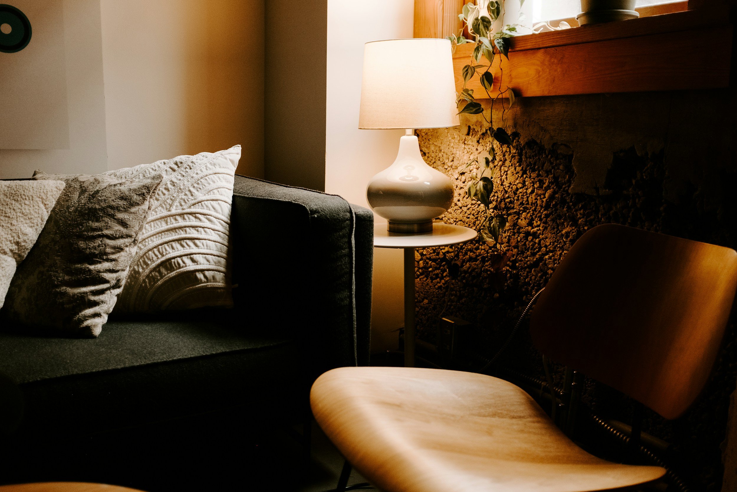 A cozy living room corner with a black sofa, white patterned pillows, a wooden chair, a side table with a white lamp, and decorative plants on a wooden shelf.