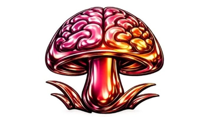 A stylized illustration of a mushroom with a brain-shaped top and a colorful, glossy surface.