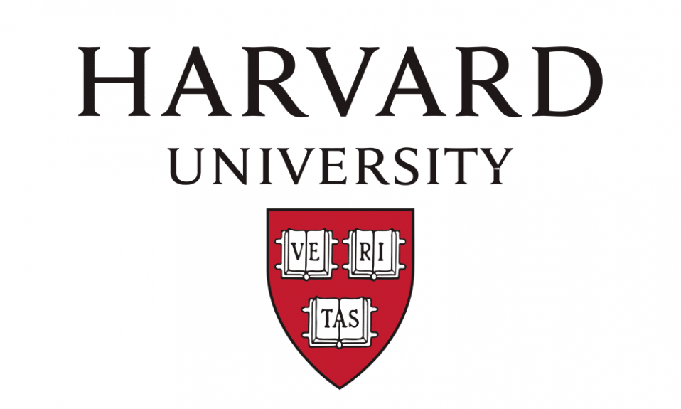 Harvard University logo with a red shield and the motto 'Veritas' on three open books.