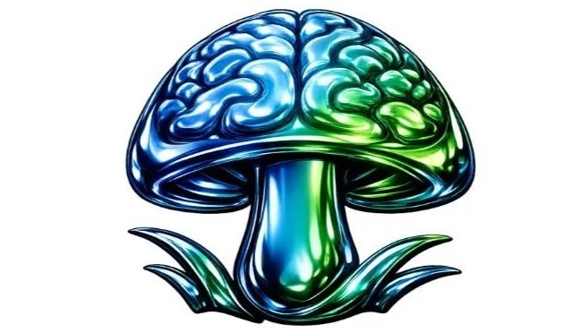 A stylized, colorful mushroom with a brain-like cap and a green stem, surrounded by grass.