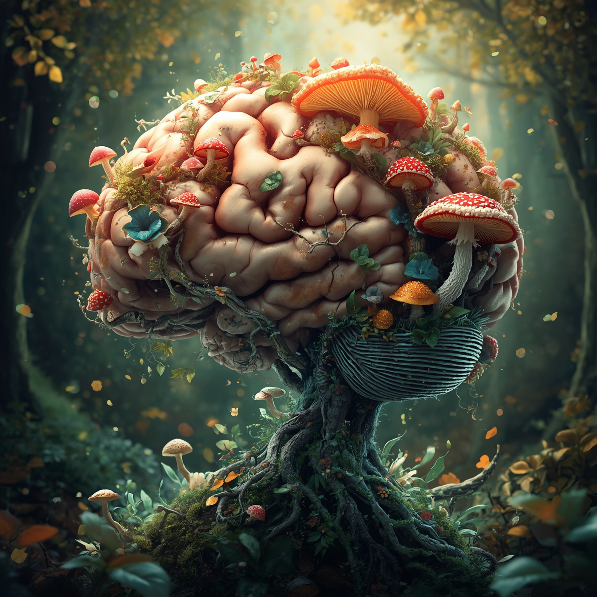 A fantasy forest scene with a large brain shaped tree covered in colorful mushrooms, moss, and flowers, surrounded by glowing leaves and soft light.