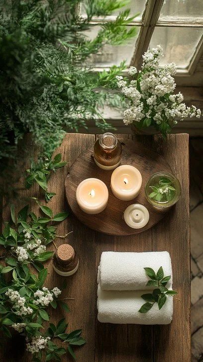 A wooden table near a window with candles, a small jar of oil, a glass container with water and a leaf, and a rolled white towel with green leaves on top, surrounded by greenery and white flowers.