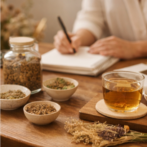 A person taking notes at a wooden table with bowls of dried herbs, a jar of herbs, and a glass of tea.
