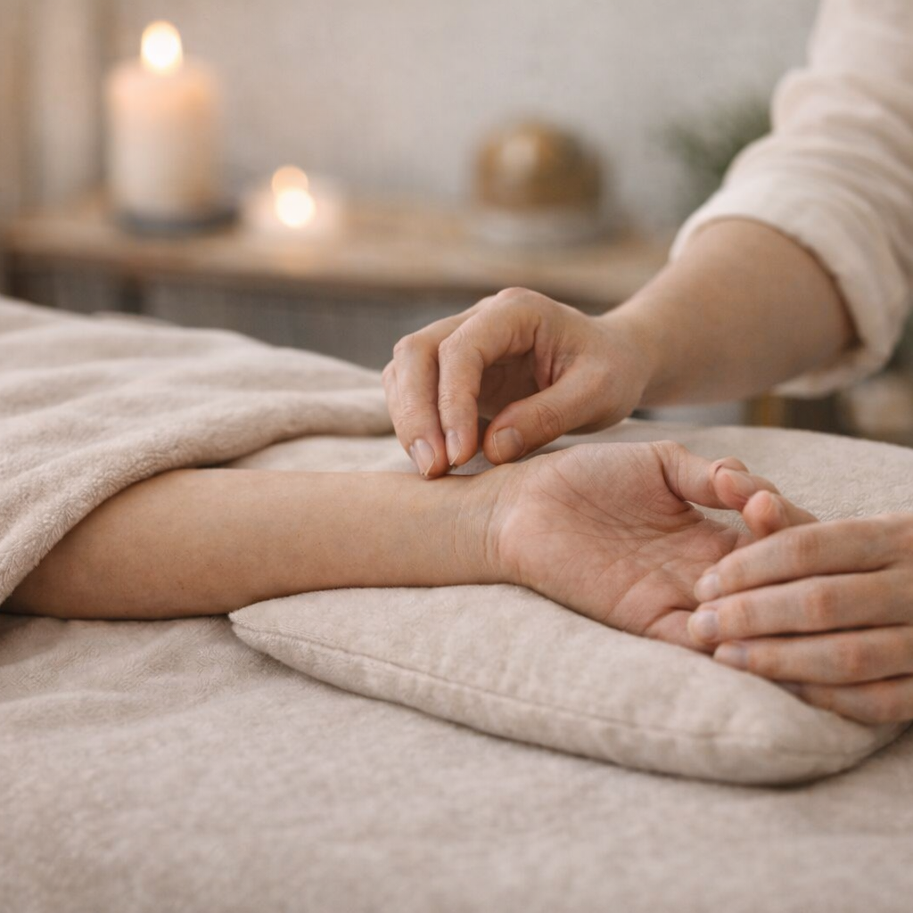 A person receiving a gentle hand massage on their forearm, with soft candlelight in the background creating a calming atmosphere.