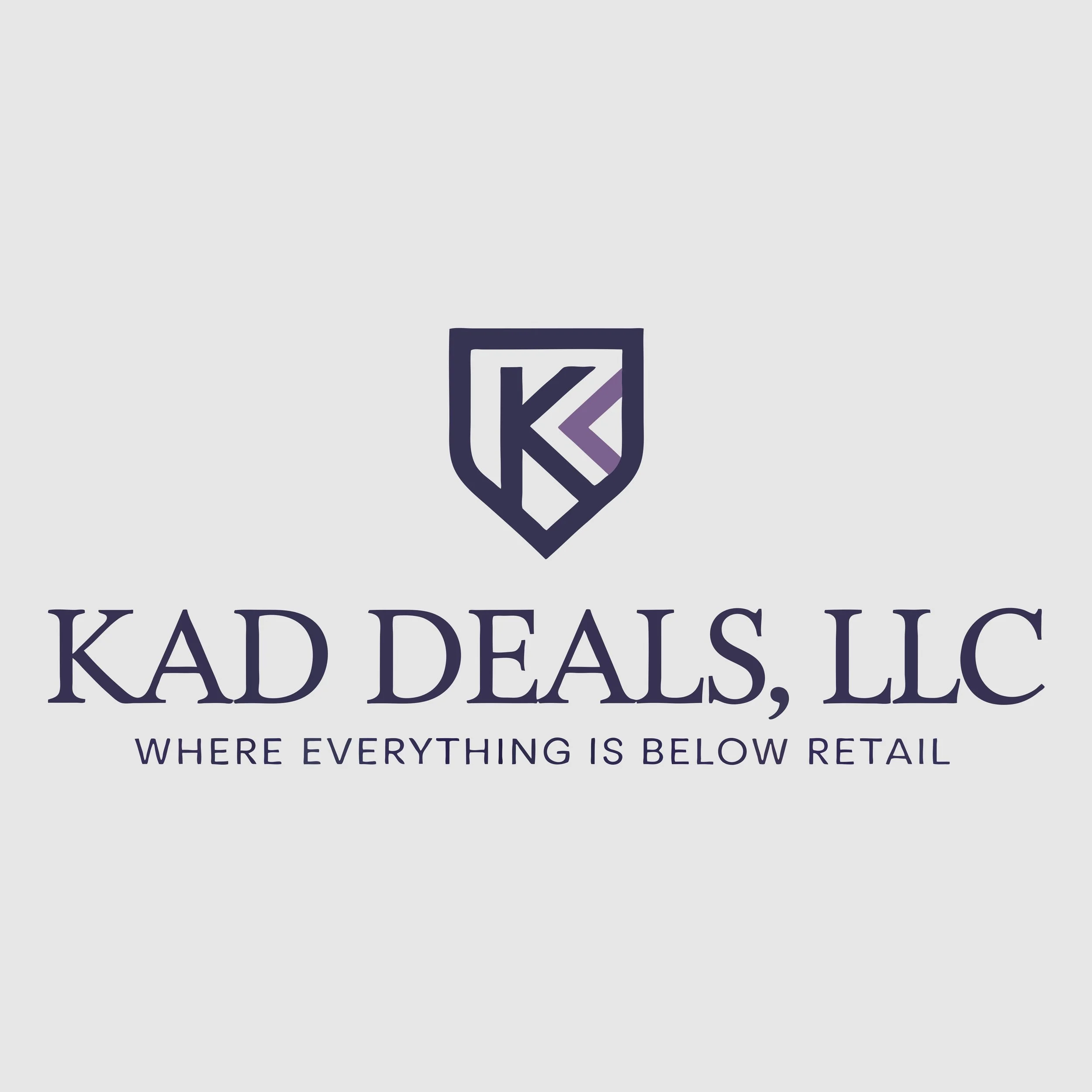 Logo of KAD Deals, LLC with shield emblem featuring a stylized letter K, and the tagline "WHERE EVERYTHING IS BELOW RETAIL" underneath.