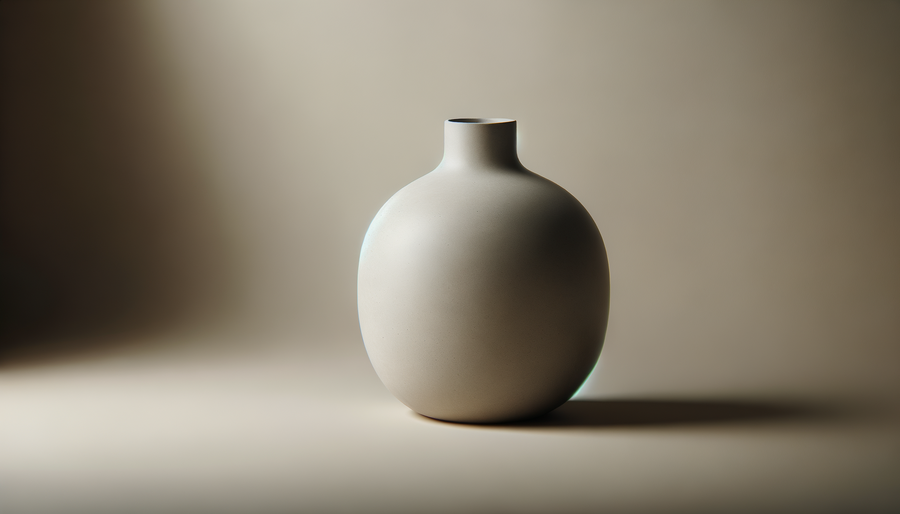 A minimalist, cream-colored ceramic vase with a rounded body and a narrow opening at the top, positioned on a neutral surface with a soft gradient background.