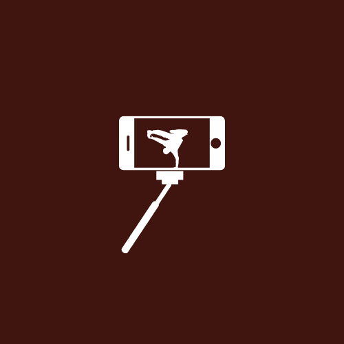 Icon of a smartphone with a selfie stick and an outline of a hand making a peace sign on the screen.
