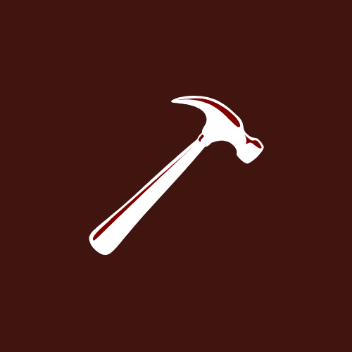 A silhouette of a hammer with a red and white color scheme on a brown background.