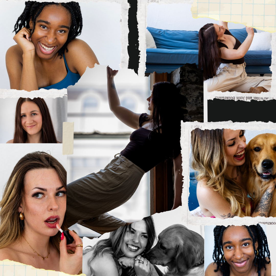 Collage photo of posed people and a dog