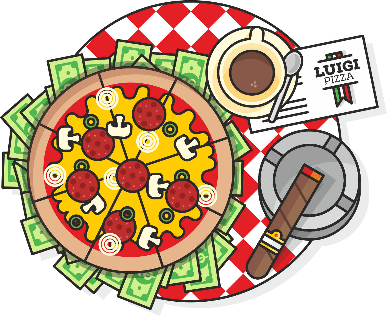 Illustration of a pizza with pepperoni, mushrooms, and green peppers on a red and white checkered tablecloth, surrounded by dollar bills, a coffee cup with a spoon, a cigarette in an ashtray, and a menu labeled 'Luigi Pizza'.