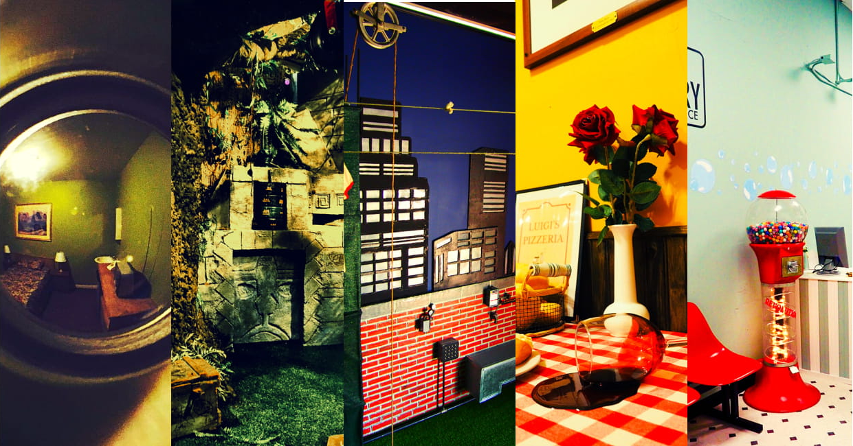 A collage of five different scenes: a room with green walls and chairs reflected in a mirror, a facade of a building with a stone archway, a mural of a city skyline with a yellow wall, a table with red roses in a white vase and a sugar packet, and a gumball machine next to a red chair.