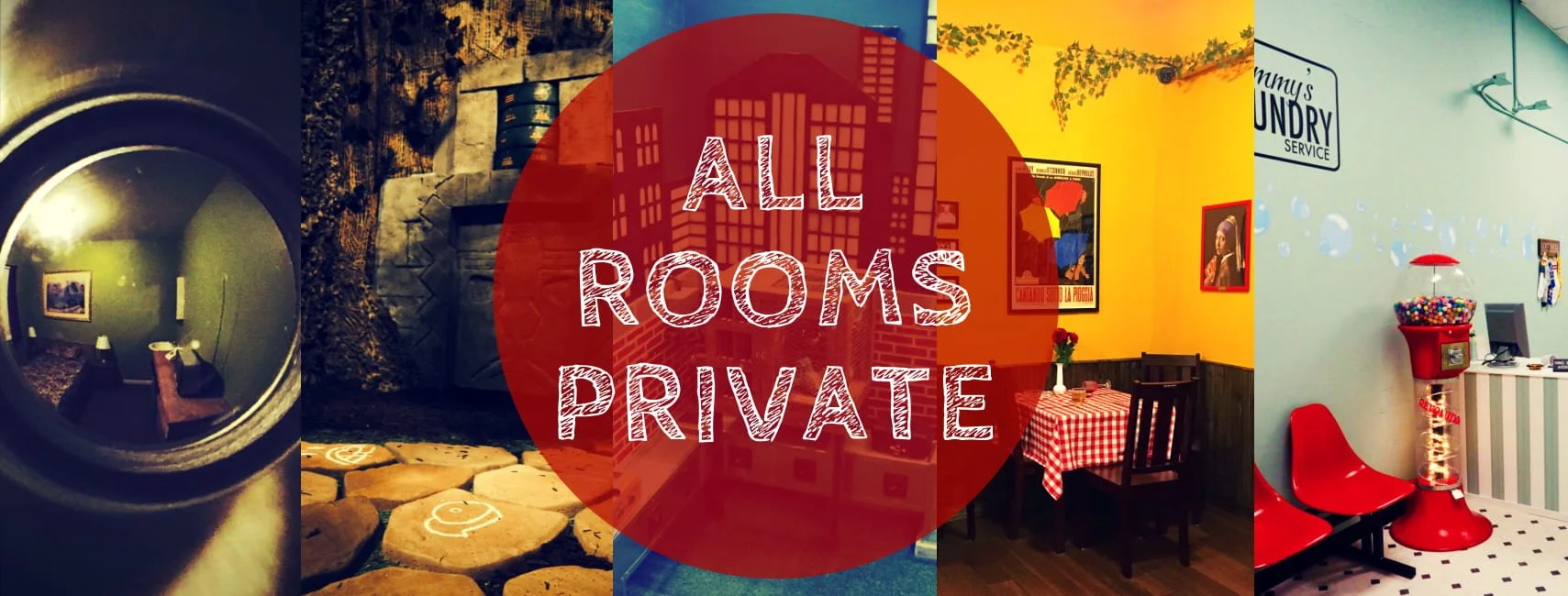 The image is a collage of four different rooms with a large red circle in the center that has white text reading "ALL ROOMS PRIVATE."