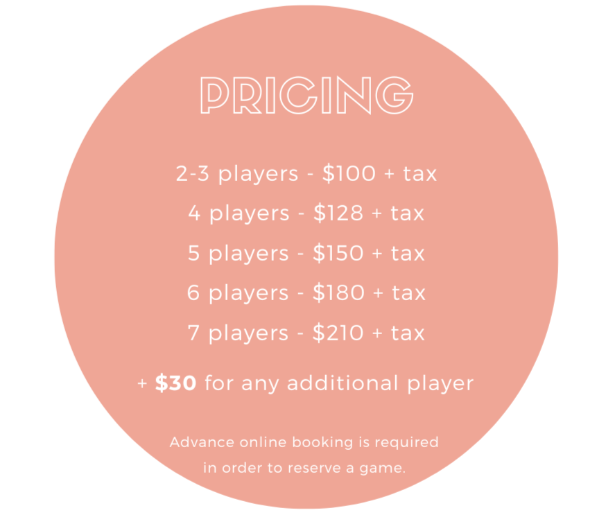 Pricing details for a game or activity, listing costs based on number of players, ranging from $100 plus tax for 2-3 players to $210 plus tax for 7 players, with an additional $30 charge for extra players. Note mentions online booking required to reserve a game.