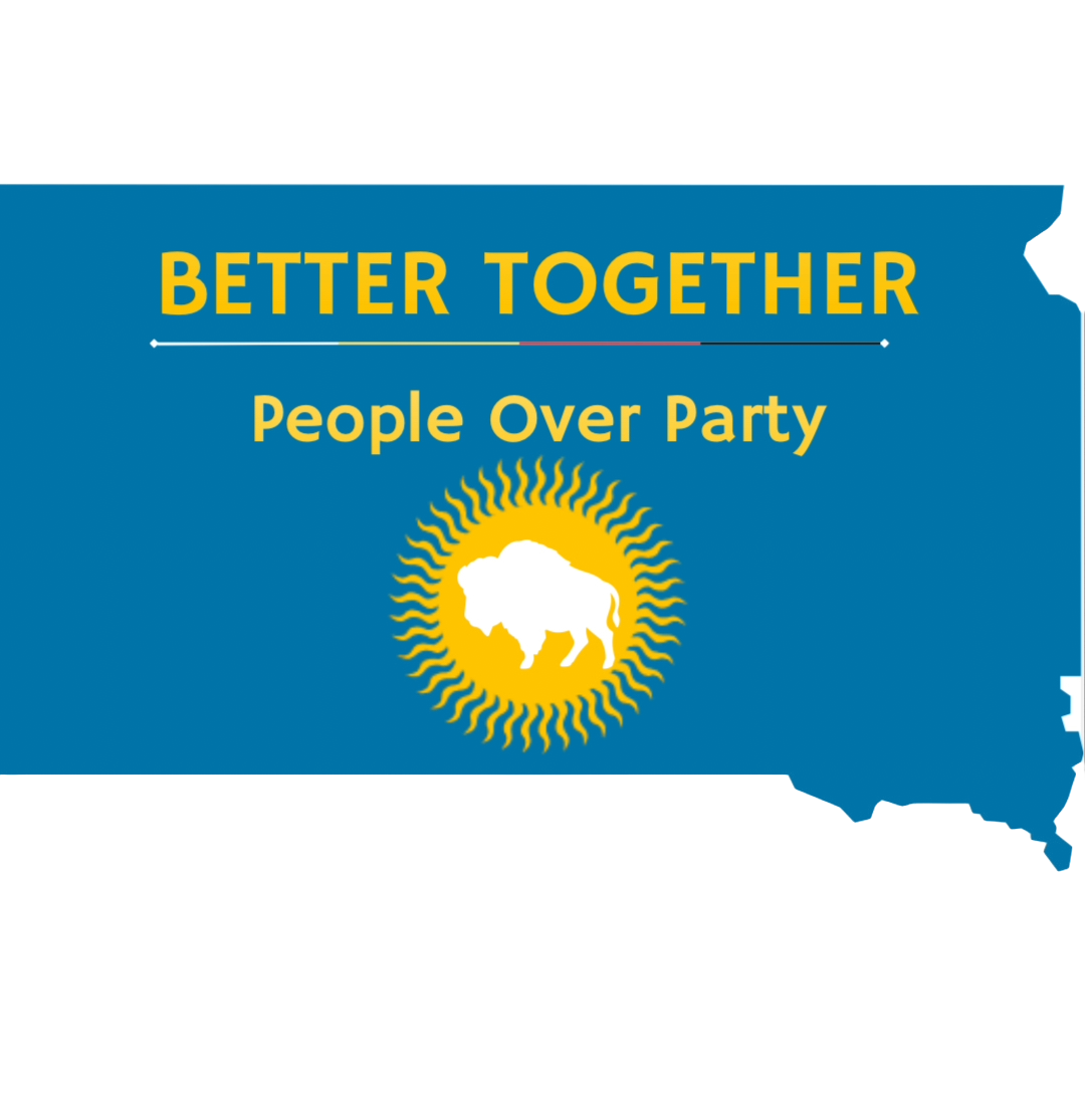 A political campaign sign for a party in Arizona with the slogan 'Better Together' and the phrase 'People Over Party,' featuring a white bison silhouette inside a yellow sunburst on a blue background.