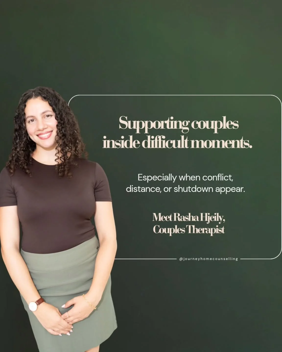 Couples often arrive knowing something isn&rsquo;t working &mdash; but unsure how to move forward together.

Rasha Hjeily works with couples using an attachment-informed, relational approach, paying close attention to what happens between partners du