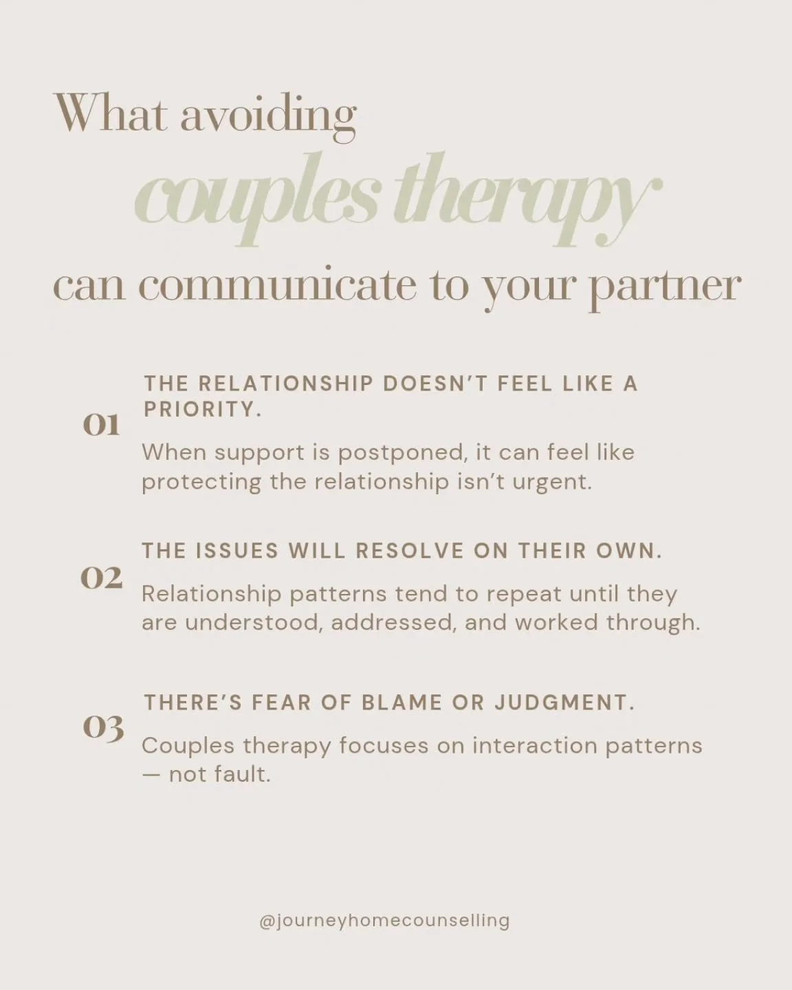 Avoiding couples therapy sends a message &mdash; whether you mean it to or not.

When support keeps getting postponed, it can start to feel like the relationship isn&rsquo;t urgent.

Patterns don&rsquo;t resolve themselves just because time passes.
T